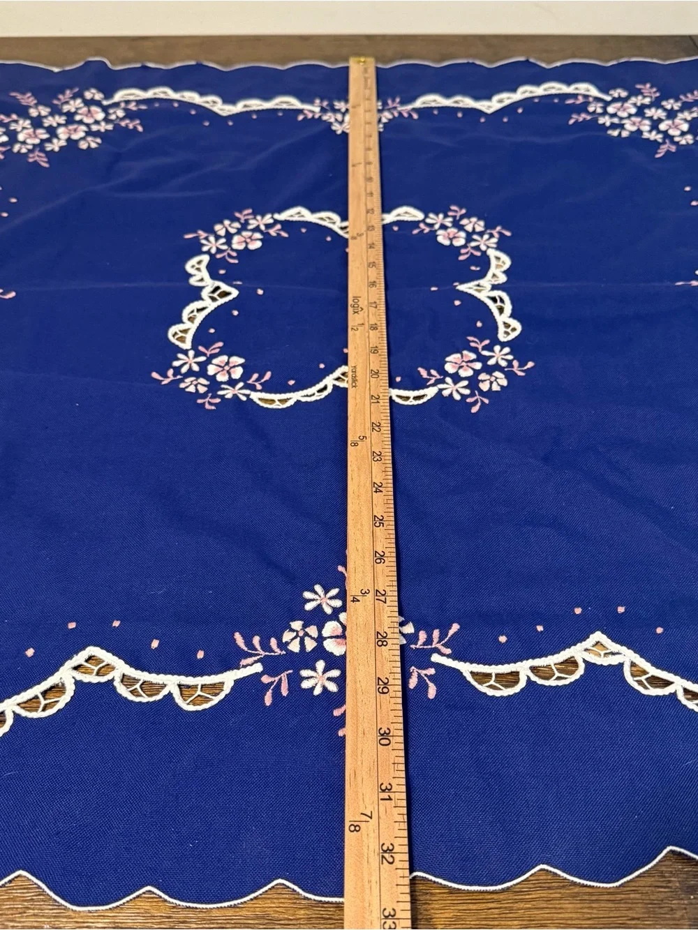 Vintage Royal Blue Tablecloth With Exquisite White Embroidery Cutwork 32.5”x32.5